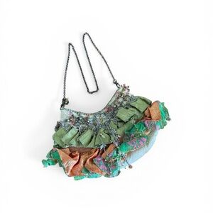Vintage Boho Ruffled Green and Orange Shoulder Bag